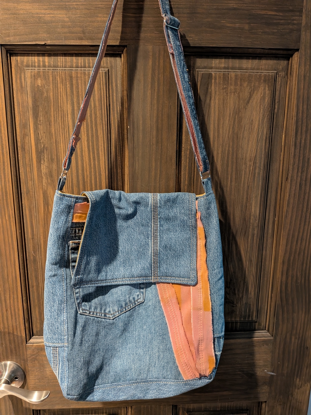 ReBags Denim Crossbody Messenger Bag with Pink and Tan Accents